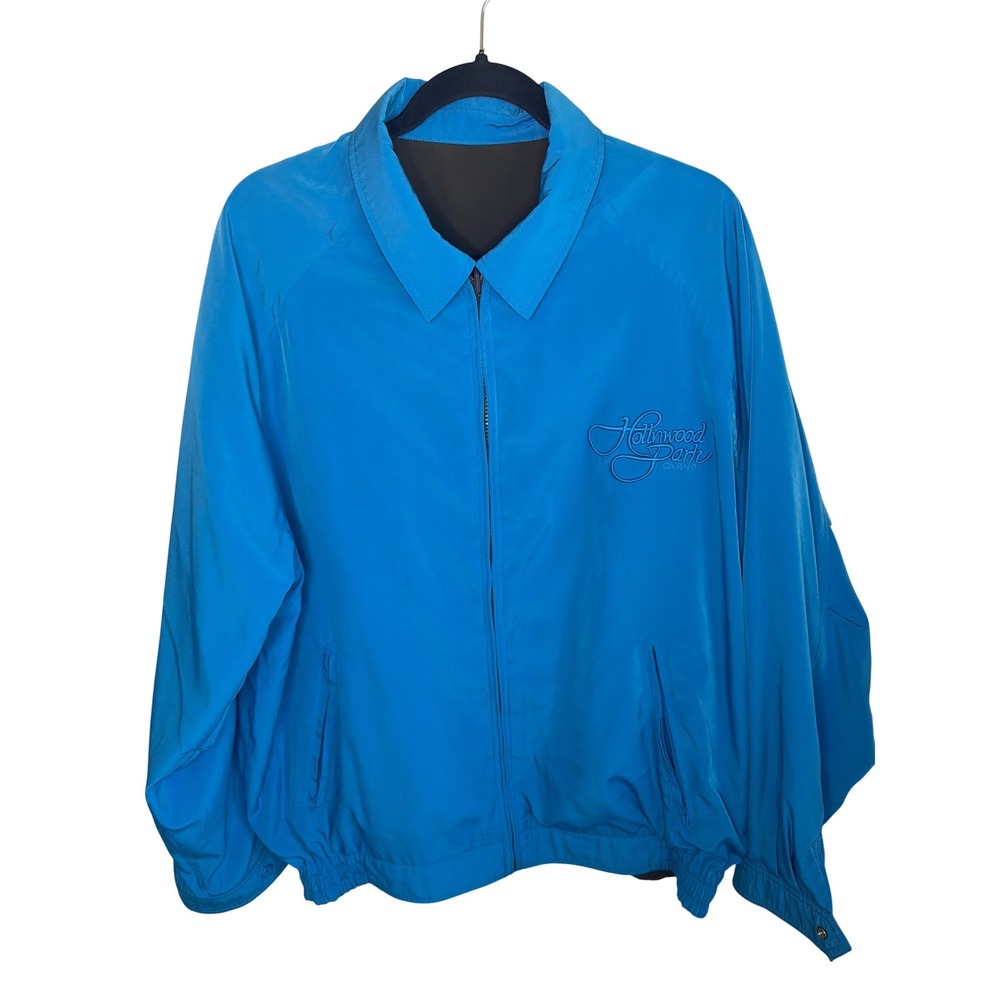 Vintage Hollywood Park Casino Reversible Bomber Jacket Blue Olive Green Mens XL